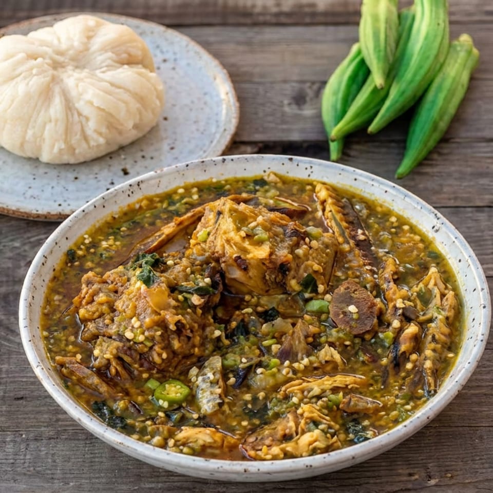 Bowl of spicy eggplant and okra stew garnished with sesame seeds, served with steamed rice cake and fresh okra.