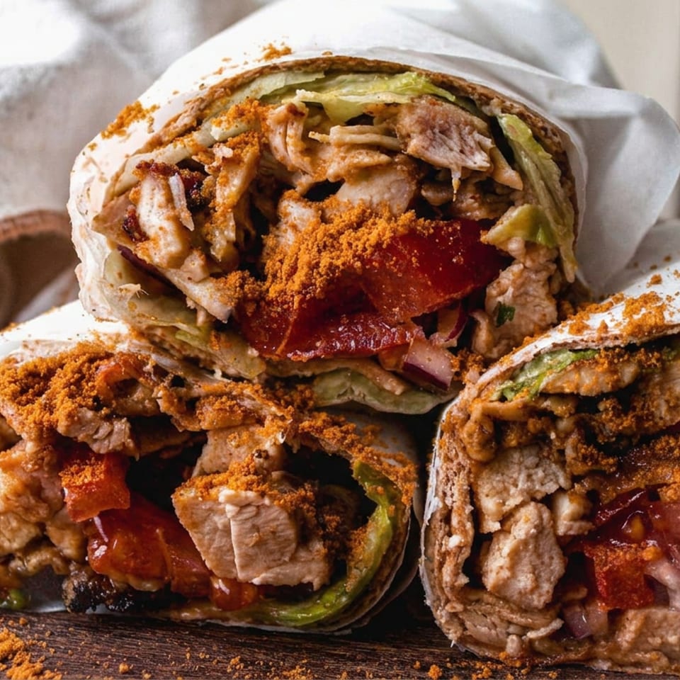 Three halves of chicken shawarma wraps with lettuce, tomatoes, onions, and spices arranged on a wooden table.