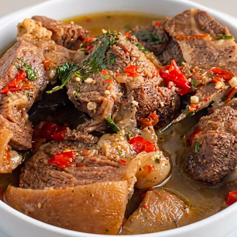 Bowl of tender braised meat and vegetables in savory broth, garnished with red chilies and fresh herbs.