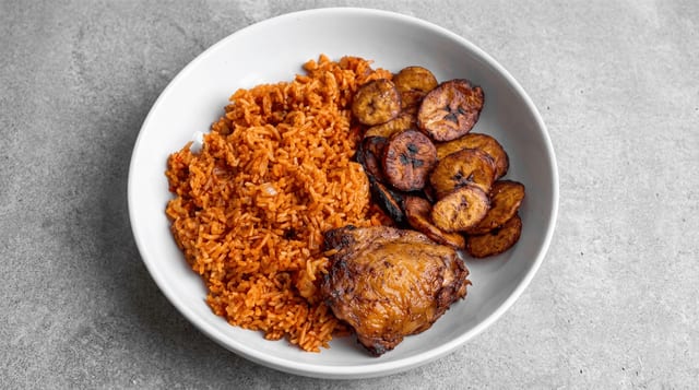 Jollof Rice, Plantains & Protein.