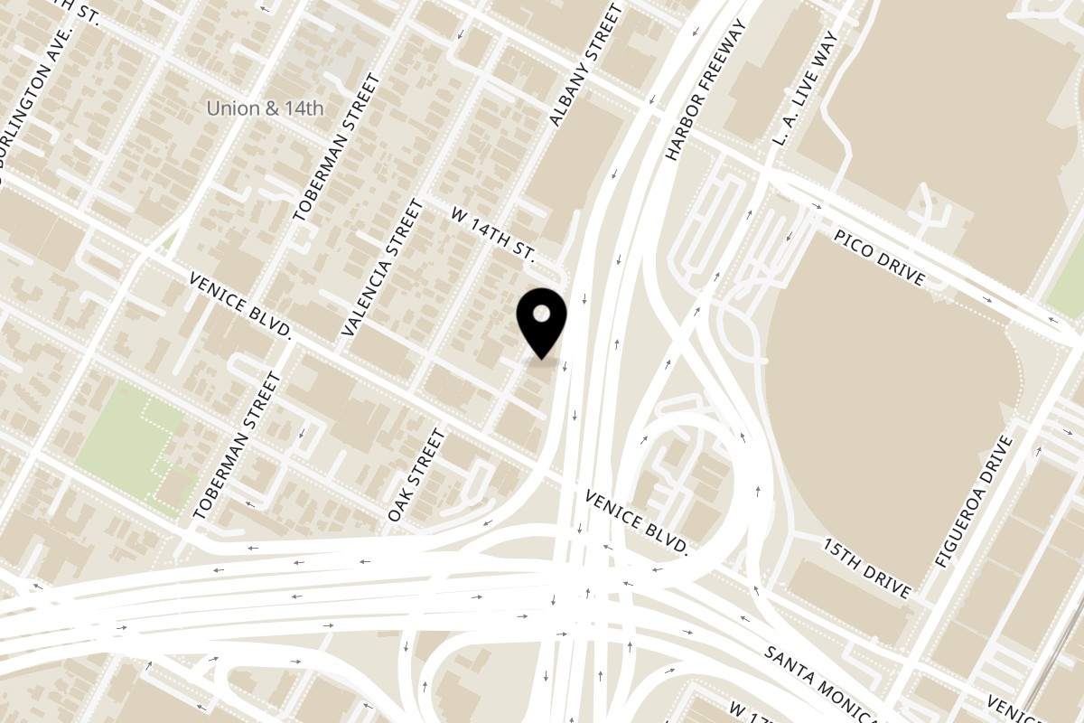 Map showing the location of Mayowa Nigerian Cuisine on 1432 Oak St in Los Angeles